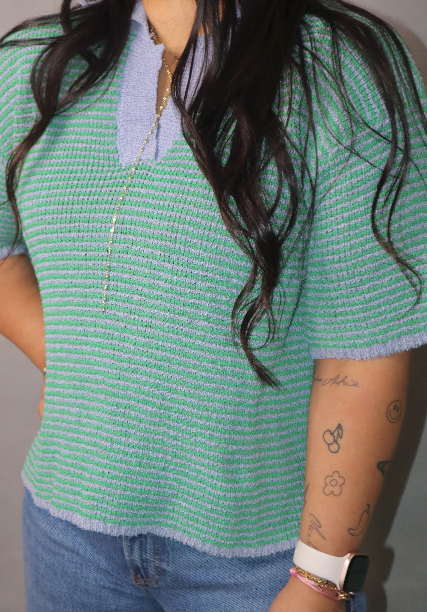 Striped Short Sleeve V-Neck Sweater