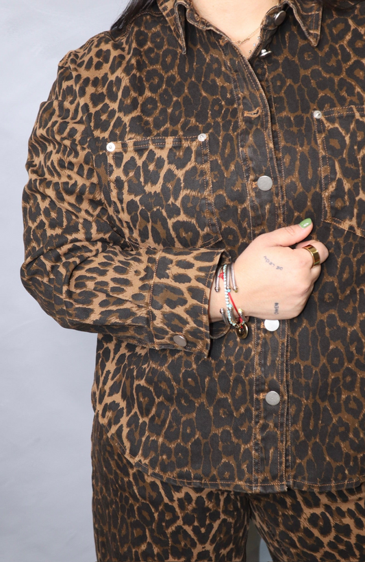 Leopard Print Button Down Denim Jacket